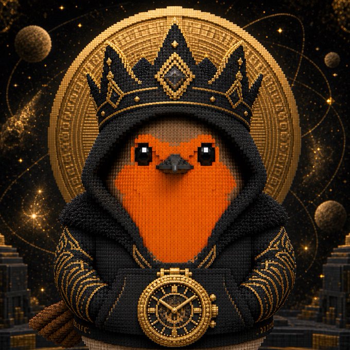 The image shows a pixelated orange bird wearing a black hood and a black and gold crown, holding a gold watch against a cosmic backdrop with golden spheres and a circular ornate design. This appears to be a CryptoPunk-style NFT character being used to announce the minting of "RobertCoinRH," with the bird character likely serving as the official mascot or representative for the new cryptocurrency project.