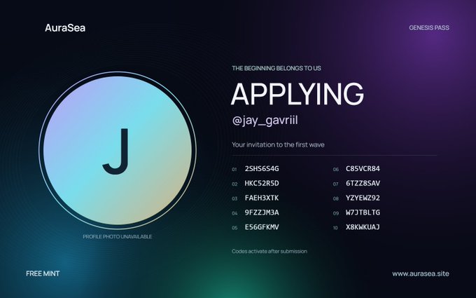 An 'AuraSea' Genesis Pass application screen showing the username '@jay_gavriil' with a letter 'J' avatar, 'PROFILE PHOTO UNAVAILABLE', and a list of 10 invitation codes including '2SHS6G' and 'HKC52R5'.