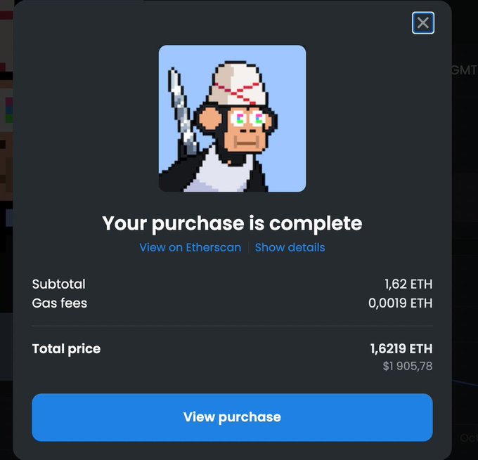 A digital purchase confirmation screen showing 'Your purchase is complete' with a pixel-art monkey NFT, listing a subtotal of 1.62 ETH, gas fees of 0.0019 ETH, and total price of 1.6219 ETH ($1,905.78), with a 'View purchase' button.