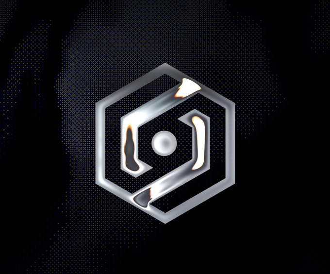 A metallic silver hexagonal logo with a stylized symbol inside is displayed against a dark, dotted background.