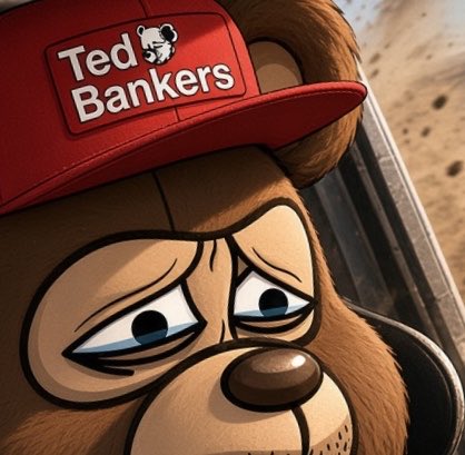 A close-up illustration of a sad, cartoon bear wearing a red cap with a patch that reads 'Ted Bankers' featuring a small bear logo.