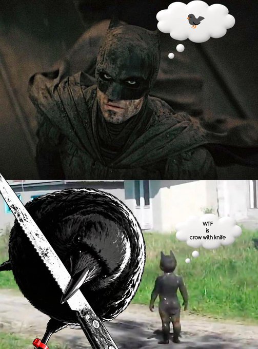 A two-panel meme shows Batman thinking about a bird, followed by a black bird holding a knife with a thought bubble reading “WTF is crow with knife.”