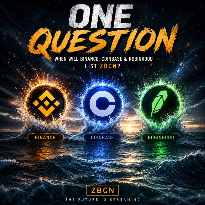 A dramatic promotional graphic asking 'ONE QUESTION: WHEN WILL BINANCE, COINBASE & ROBINHOOD LIST ZBCN?' featuring the three exchange logos as glowing orbs over ocean waves, with the tagline 'THE FUTURE IS STREAMING'.