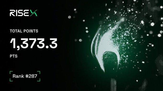 A dark digital scoreboard for 'RISEX' shows 'TOTAL POINTS 1,373.3 PTS' and 'Rank #287' next to a glowing green dotted logo.