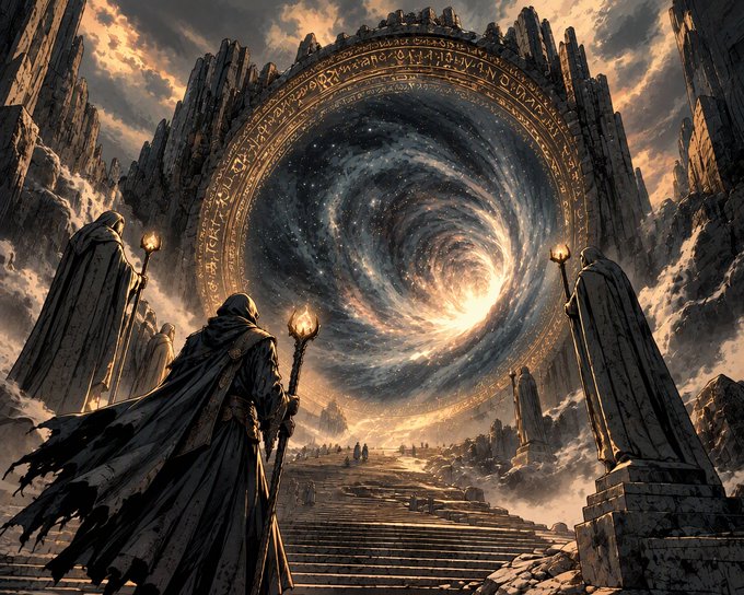 A fantasy artwork depicting hooded figures holding torches and staffs standing before a massive swirling cosmic portal or vortex framed by ancient stone architecture and carved runes.
