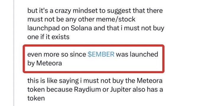 A social media post criticizes the claim that there should be only one meme/stock launchpad on Solana, with a red box highlighting the text "even more so since $EMBER was launched by Meteora." The image appears to be evidence cited in response to questioning whether Meteora actually launched $EMBER.