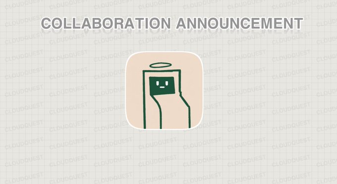 The image displays a "COLLABORATION ANNOUNCEMENT" header above a stylized peach-colored icon featuring a green blocky character with a halo, set against a light gridded background with CloudQuest watermarks. It serves as a promotional banner for the Net Machines NFT collection announcement, visually teasing the collaboration with Cloud Quest.