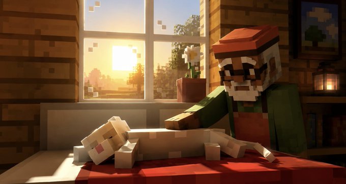 A Minecraft-style image shows an elderly bearded character in a green shirt and red apron petting a white dog lying on a red table, with a window revealing a sunset and a potted flower in the background. The image ties to the post by conveying a warm, nostalgic NFT collection theme from "old sol people," symbolizing care and community as the artwork previews the upcoming mint on LaunchMyNFT and OpenSea.