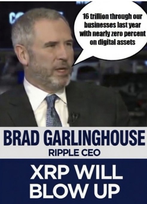 The image shows Ripple CEO Brad Garlinghouse on CNBC stating that Ripple processed "$16 trillion through our businesses last year with nearly zero percent on digital assets," with a bold caption declaring "XRP WILL BLOW UP." The post uses his credibility and Ripple's massive transaction volume as evidence to argue that XRP could reach $1,000 by 2026.