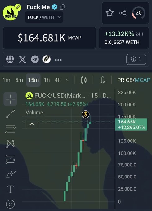 A cryptocurrency trading chart showing a token called 'FUCK Me' on the FUCK/WETH pair with a market cap of $164.681K, displaying +13.32% growth in 24 hours and a +12,295.07% gain.