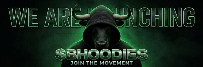 A hooded bull mascot emerges from a green smoky background with the bold text "WE ARE LAUNCHING" above and "$BHOODIES — JOIN THE MOVEMENT" below, promoting the $BULLHOODIES token airdrop campaign offering 2,000,000 tokens to the first 500 participants who engage on social media.