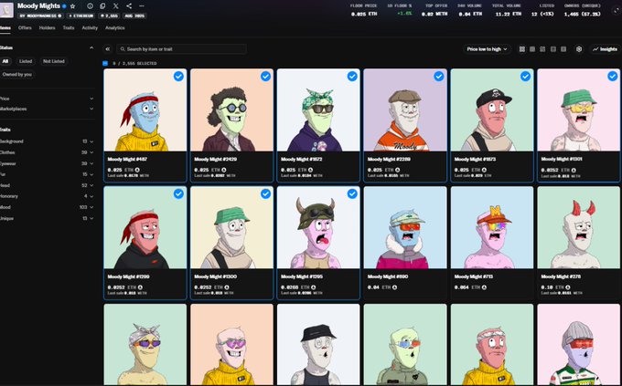 A screenshot of the NFT marketplace Magic Eden shows a collection called 'Moody Mighties' featuring various cartoon-style character NFTs with their prices listed.