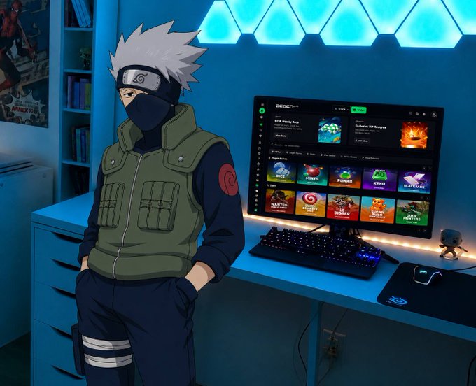 An anime-style character resembling Kakashi from Naruto (silver hair, masked face, green vest) standing next to a gaming setup with a monitor displaying various game thumbnails and a colorful RGB-lit keyboard.