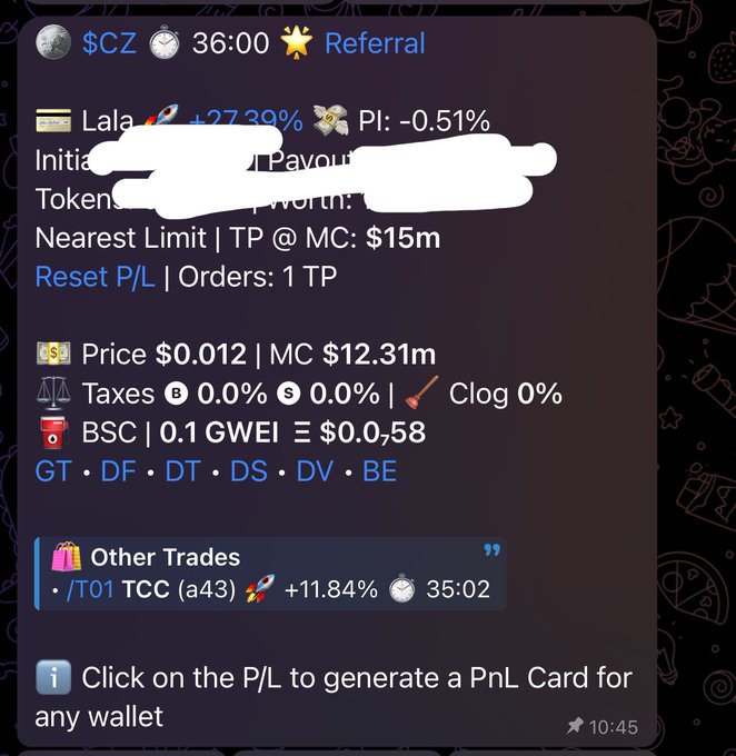 A trading bot interface displays a portfolio overview with a $CZ referral, showing token prices, taxes, and P/L information for various crypto trades.