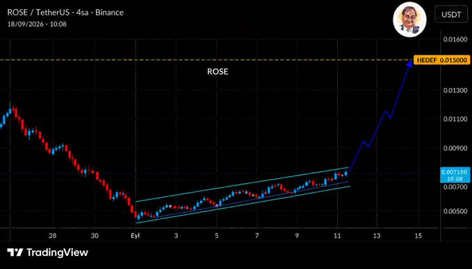 The TradingView chart of ROSE/USDT shows the cryptocurrency breaking out of a multi-week ascending channel (formed from late August into early September 2026) with a sharp rally toward the highlighted $0.015 resistance target. This breakout visually confirms the post's bullish thesis, illustrating ROSE's roughly 100% surge from the ~$0.007 support zone toward $0.015, positioning it to catch up with other privacy coins.