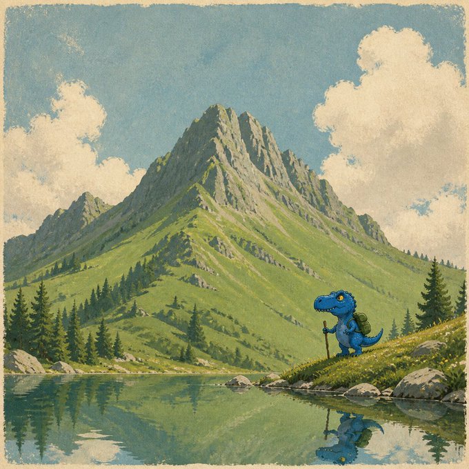 A vintage-style illustration of a small blue cartoon dinosaur with a backpack and walking stick standing by a calm alpine lake with mountains and clouds in the background.