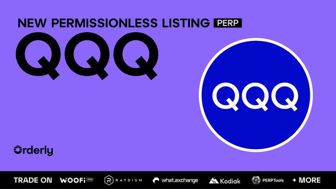 The image features a purple background with three white QQQ logos, each representing a different company or service related to the topic of "New Permissionless Listing". The first logo is for Orderly, the second one is for RWA expansion, and the third one is for NASDAQ 100. These logos are placed in front of a blue circle containing the word "QQQ" written in white letters. The text on the image reads: "New Permissionless Listing PEPQ", which indicates that there's an expansion or listing related to QQQ, and it also mentions that this expansion is currently live and available for anyone who wants to use it.