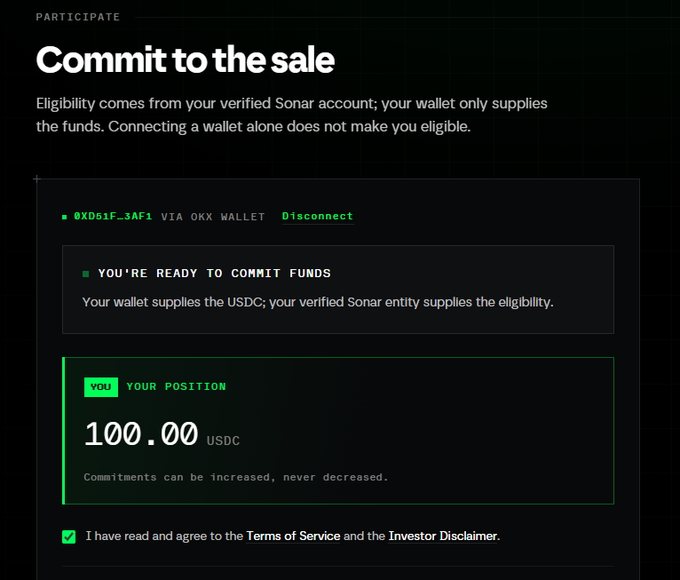A dark interface screen titled "Commit to the sale" shows a 100.00 USDC position ready to be finalized via OKX wallet, with a checked agreement to the Terms of Service and Investor Disclaimer—visually confirming the $100 gAxis commitment mentioned in the post.