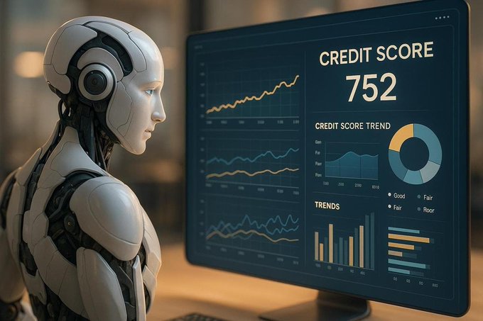 A humanoid robot looks at a monitor displaying a "CREDIT SCORE" of 752 alongside various financial charts and trend graphs.