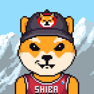 A pixel art illustration of a Shiba Inu dog wearing a black cap with a dog logo and a red basketball jersey reading 'SHIB', set against a pixelated mountain backdrop.