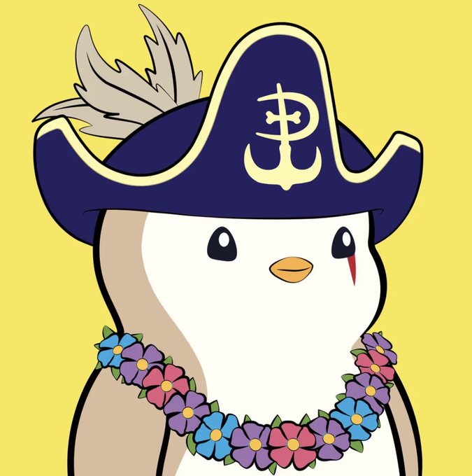 A cartoon penguin wearing a blue pirate hat with an anchor symbol, a Hawaiian flower lei, and a red mark under its eye, set against a yellow background.