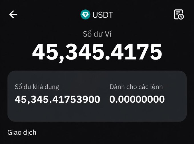 A mobile wallet screen shows a USDT balance of 45,345.4175 (available: 45,345.41753900) with "Giao dịch" at the bottom.