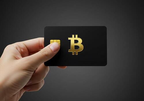A hand holds up a black credit card featuring a gold chip and a gold Bitcoin logo against a dark grey gradient background.
