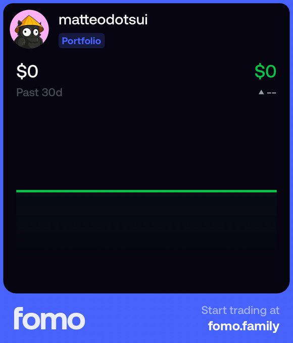 The image is a promotional graphic for the trading app FOMO, showing a user portfolio dashboard for "matteodotsui" with $0 in holdings and $0 in gains/losses over the past 30 days, reinforcing the joke that the user "never lost a single penny" because they have no trades or positions at all.