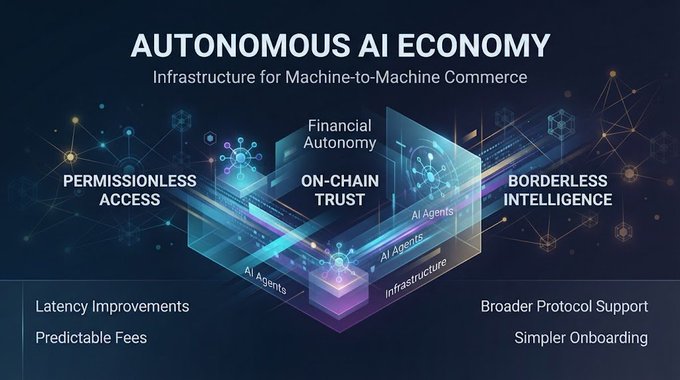 A dark blue presentation slide titled 'AUTONOMOUS AI ECONOMY: Infrastructure for Machine-to-Machine Commerce', showing a 3D diagram with 'Financial Autonomy', 'AI Agents', and 'Infrastructure' labels, surrounded by 'PERMISSIONLESS ACCESS', 'ON-CHAIN TRUST', and 'BORDERLESS INTELLIGENCE'.