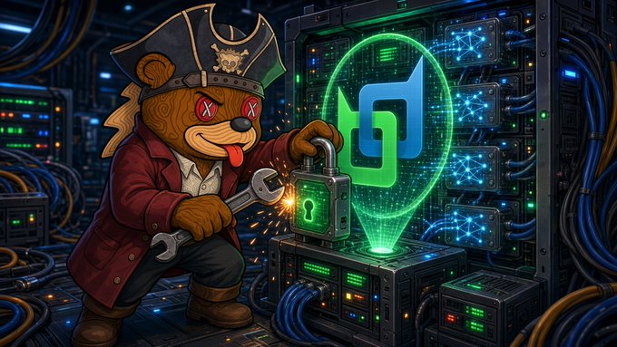 A digital illustration of a bear-like character dressed as a pirate and hacker, holding a wrench near a glowing green lock icon and servers.