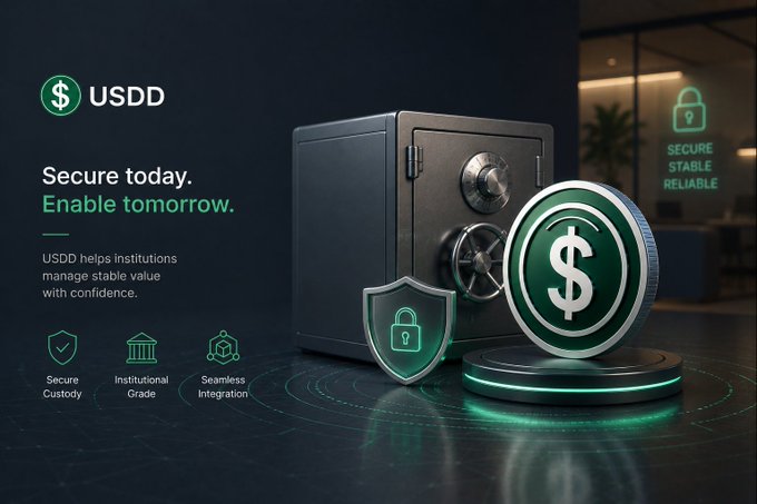 A promotional banner for USDD cryptocurrency with the tagline 'Secure today. Enable tomorrow,' featuring a vault, a shield, and a glowing USDD coin emphasizing secure custodial services.