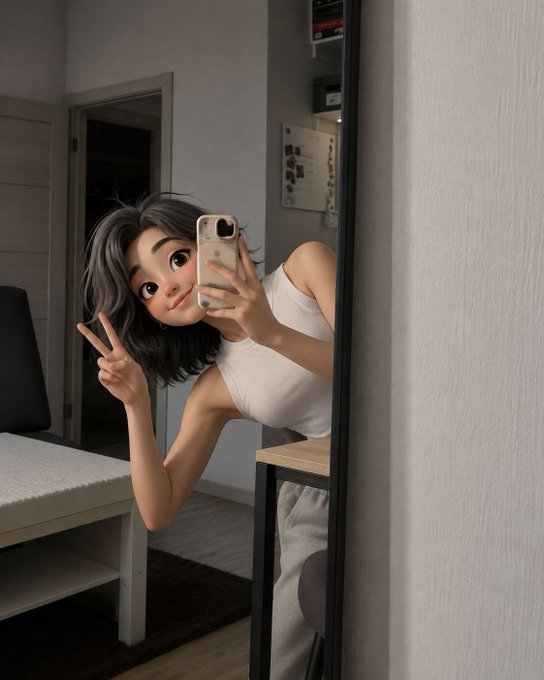 A stylized 3D animated character poses with a peace sign while snapping a mirror selfie with her phone, embodying a cheerful morning vibe perfect for a casual "gm frens" greeting.