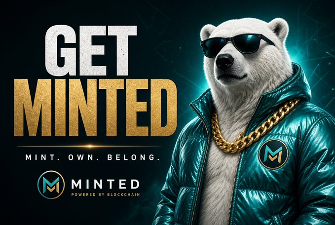 An advertisement features a polar bear wearing sunglasses, a gold chain, and a teal puffer jacket, with text 'GET MINTED - MINT. OWN. BELONG.' and 'MINTED POWERED BY BLOCKCHAIN'.