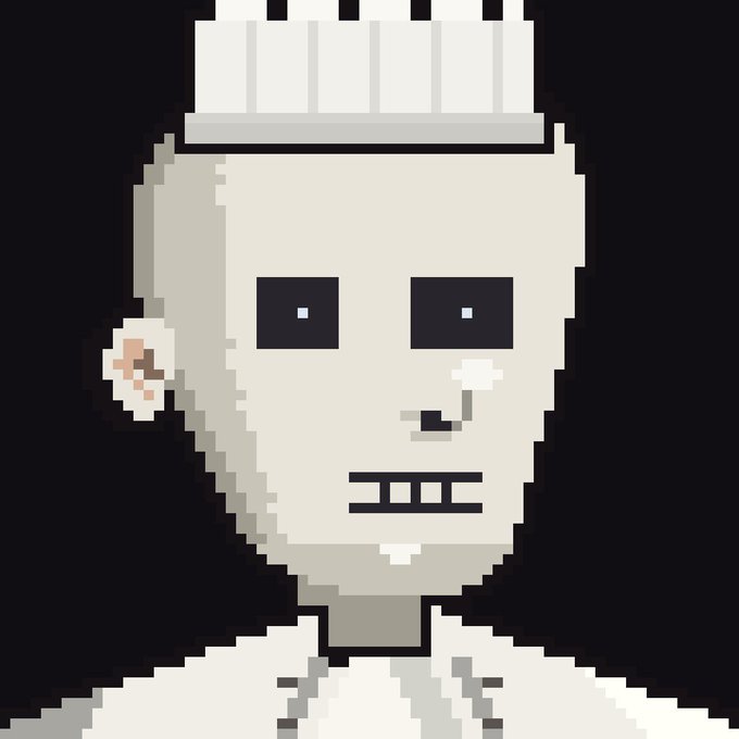 A pixel art illustration of a pale chef character with a tall white hat, wide black eyes, and a small smirk, matching the "panda" theme of the NFT giveaway promotion.