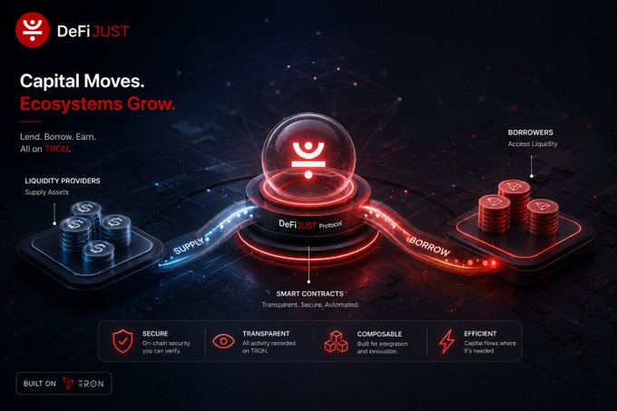 A promotional graphic for DeFiJUST, a DeFi protocol built on the TRON blockchain, featuring the tagline 'Capital Moves. Ecosystems Grow.' and highlighting features like Smart Contracts, Secure on-chain security, Transparent activity on TRON, Composable Built for integration, and Efficient Capital flows.