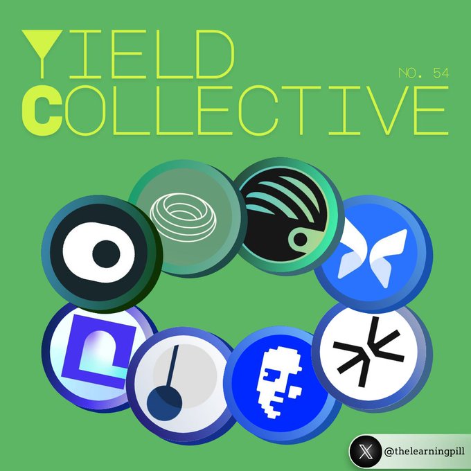A green graphic titled 'YIELD COLLECTIVE NO. 54' featuring a circle of various cryptocurrency and DeFi platform logos with '@thelearningpill' in the bottom right corner.