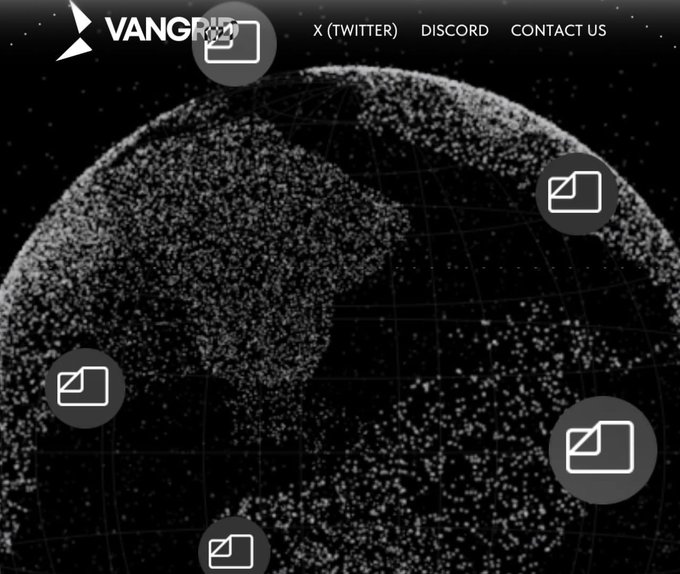 A dark webpage for 'VANGRIP' featuring a wireframe globe made of dots and lines, with several photo placeholder icons scattered across the screen.