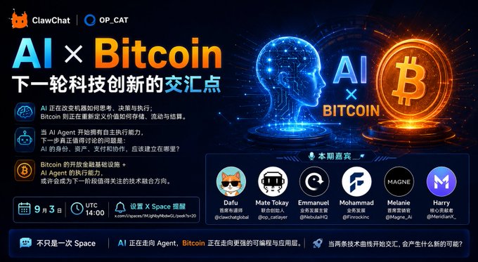 Promotional graphic for a 'ClawChat × OP_CAT' event titled 'AI × Bitcoin' on September 3rd at 14:00 UTC, featuring speakers like Dafu, Mate Tokay, Emmanuel, Mohammad, Melanie, and Harry.