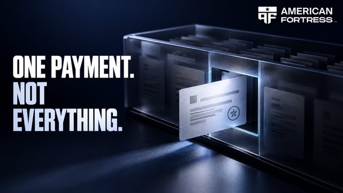 The image shows a translucent "AF American Fortress" branded filing cabinet with a single labeled folder being pulled out among many, alongside the bold text "ONE PAYMENT. NOT EVERYTHING." This visually reinforces the message about data minimization—proving one specific transaction without exposing unrelated records like payroll or other customer payments.