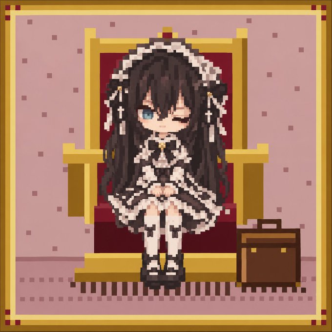 Pixel art of a gothic lolita-style anime girl with long black hair and a frilly black and white dress sitting on a golden throne next to a small brown suitcase.