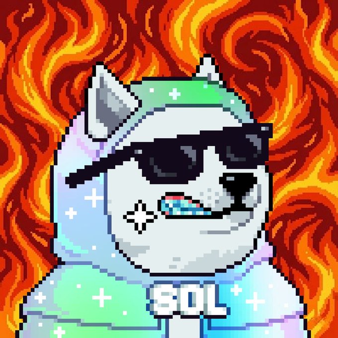 A pixel art style image of a white dog wearing black sunglasses against a fiery orange and red flame background, with the text 'SOL' on its chest.