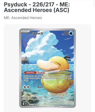 The image shows a Psyduck Pokémon trading card from the "ME: Ascended Heroes" set, with "Psyduck - 226/217" prominently displayed. The post references "Psyduck" as a potential "buy the dip" moment, humorously treating the cute, headache-prone Pokémon as a financial investment opportunity.