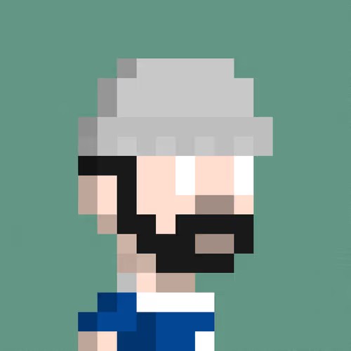 A pixel art portrait of a man with a white turban, dark beard, and blue and white robes against a teal background.