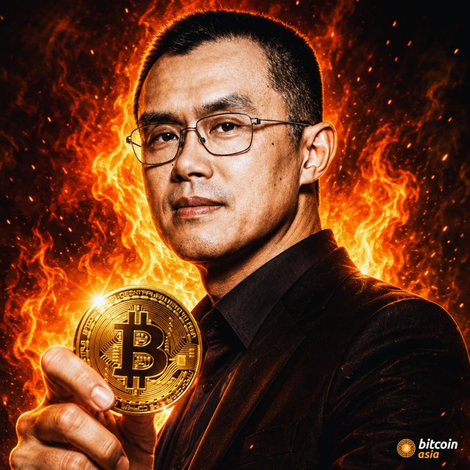 A promotional image for 'bitcoin asia' showing a man with glasses holding a Bitcoin coin, set against a dramatic fiery background.