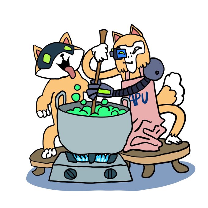 A cartoon illustration depicts two anthropomorphic cats wearing sci-fi goggles and aprons, stirring a glowing green bubbling potion in a large pot over a stove.