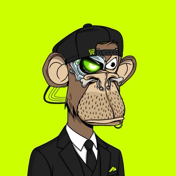 A cartoon NFT-style illustration of a Bored Ape wearing a black cap, suit, and tie, with a cybernetic eye featuring a glowing green visor.