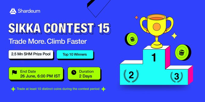 The image features an advertisement for a trading contest called "Sikka.fun Trade Sprint 15". The poster displays various coins, including one trophy that reads "sikka contest 15" indicating the theme of the contest. There are also images of two towers and a pyramid, suggesting different cryptocurrency projects or symbols associated with the contest.

The text on the poster includes information about the trading contest's rules, prize pool size, and how it will operate (e.g., 1M SHM for Top Trader). This text is accompanied by icons representing the trading concept of climbing a ladder to reach the top position and securing the biggest reward in this sprint. Overall, the poster aims to attract participants and communicate the exciting opportunities presented at the trade contest.