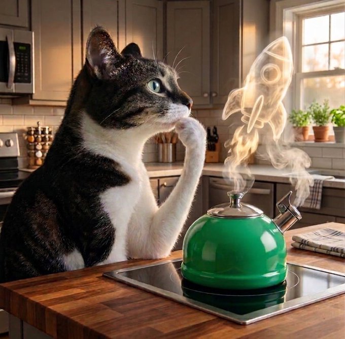 A tabby and white cat sits in a kitchen, looking at steam rising from a green kettle shaped like a rocket ship.
