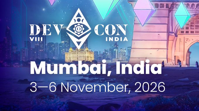 Promotional graphic for 'Devcon VIII India' in Mumbai, India, scheduled for 3–6 November 2026, featuring the Taj Mahal and Gateway of India.