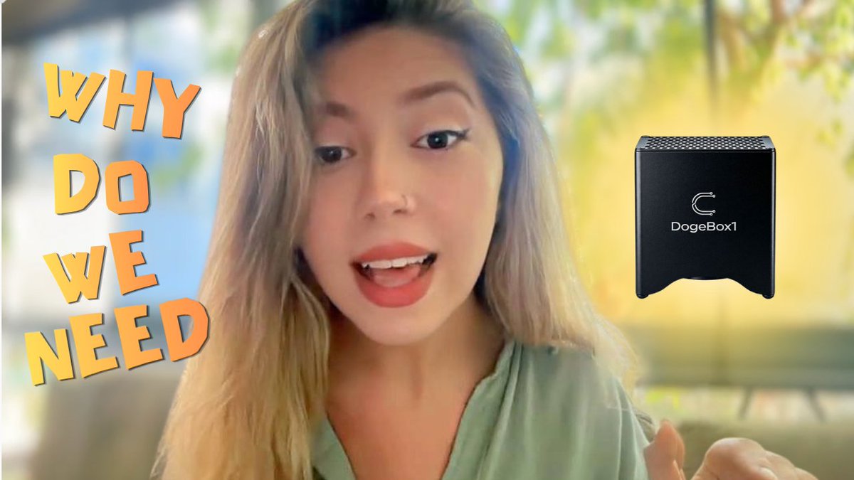 The image features a woman with blonde hair, wearing a green shirt, who appears to be giving advice or sharing information about DogeBox1. The caption below the image reads "Why do we need DogeBox1? Mining cartels won'nt tell you. But this tiny box will". This suggests that the woman is promoting or discussing the benefits of using DogeBox1 for mining purposes, possibly highlighting its advantages over other alternatives in the market.